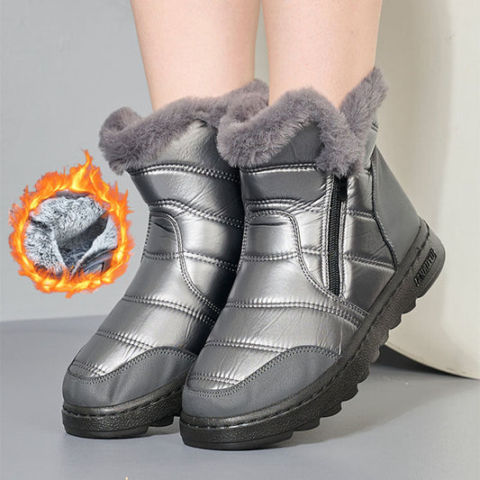 Winter snow boots, silver faux-leather with gray faux-fur cuff, side zipper, thick platform