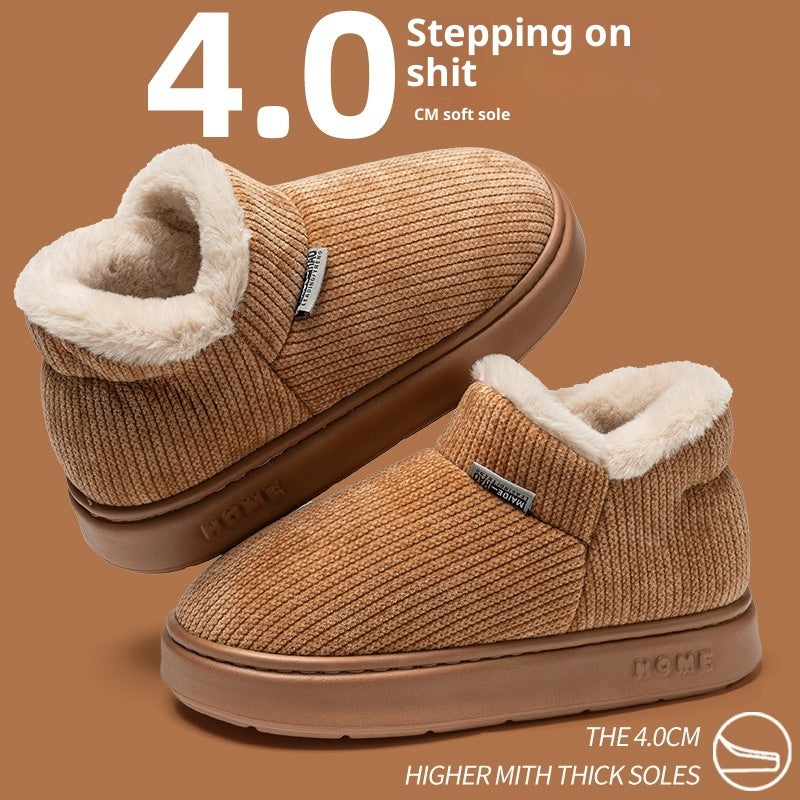 Ankle wrap cotton slippers in brown knit with plush cream collar and thick cushioned sole