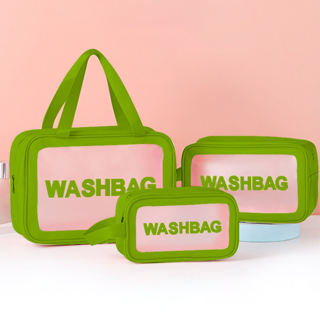 Green frosted PVC washbag set with translucent window: large bag and two zip pouches