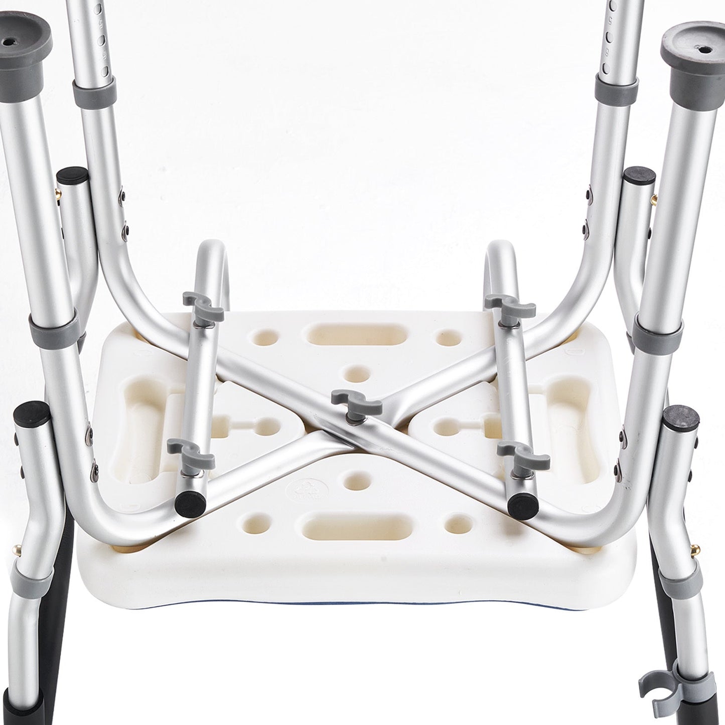 Metal walker with a white seat on a white background