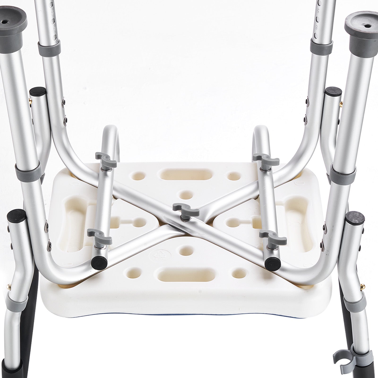 Metal walker with a white seat on a white background