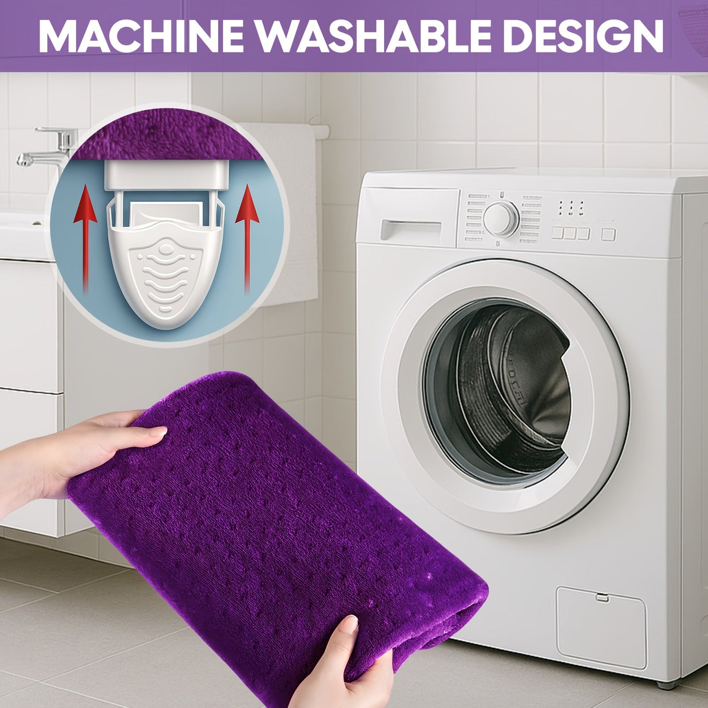 Machine-washable electric heating pad, purple plush insert shown near washing machine