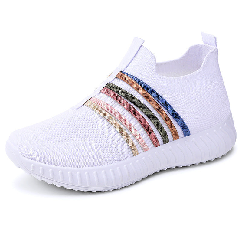 White breathable knit slip-on shoes with multicolor striped band and white rubber sole