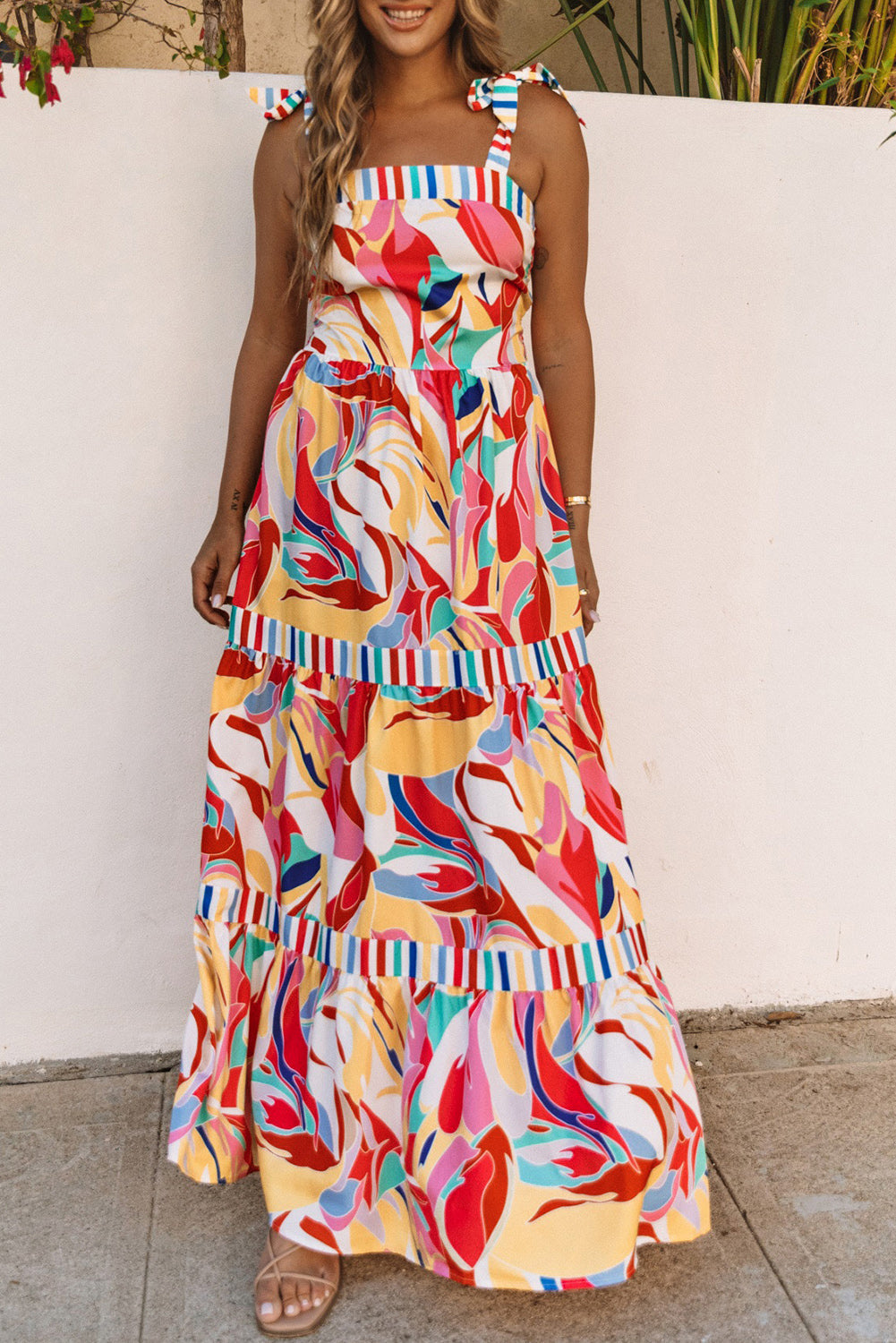 Multicolor striped-trim tiered maxi sundress with ruffled tiers and bow-tie straps