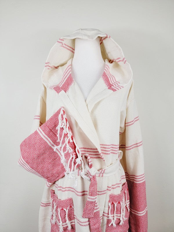 Unisex robe with hood, red-and-white patchwork stripe design, tie belt, side pocket