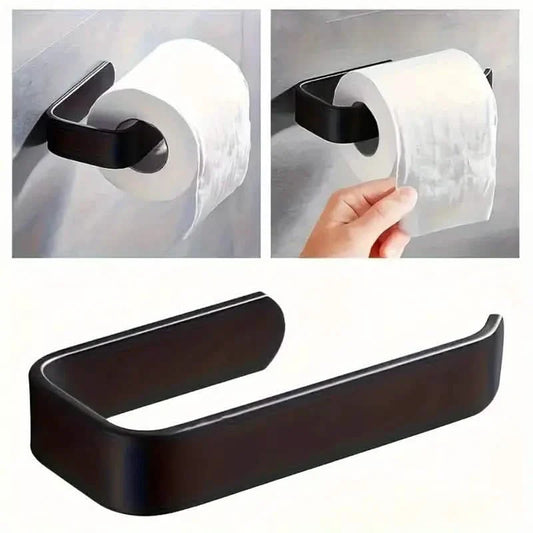 Black no-drill self-adhesive toilet paper holder with mounted white paper roll