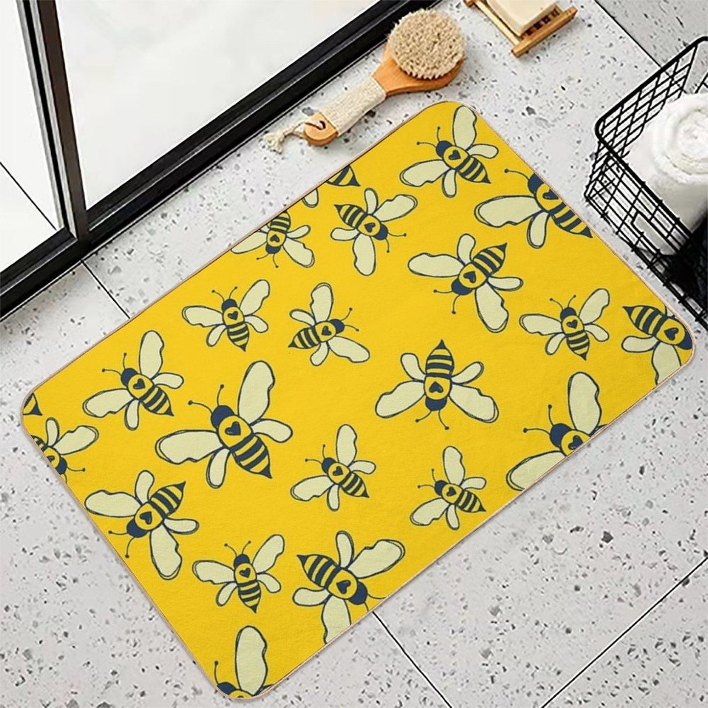 Bee-pattern bath mat, yellow with navy and white flying bee illustrations