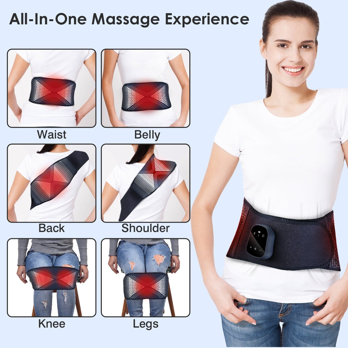 Lower back massager pad with red heat zones, black controller module