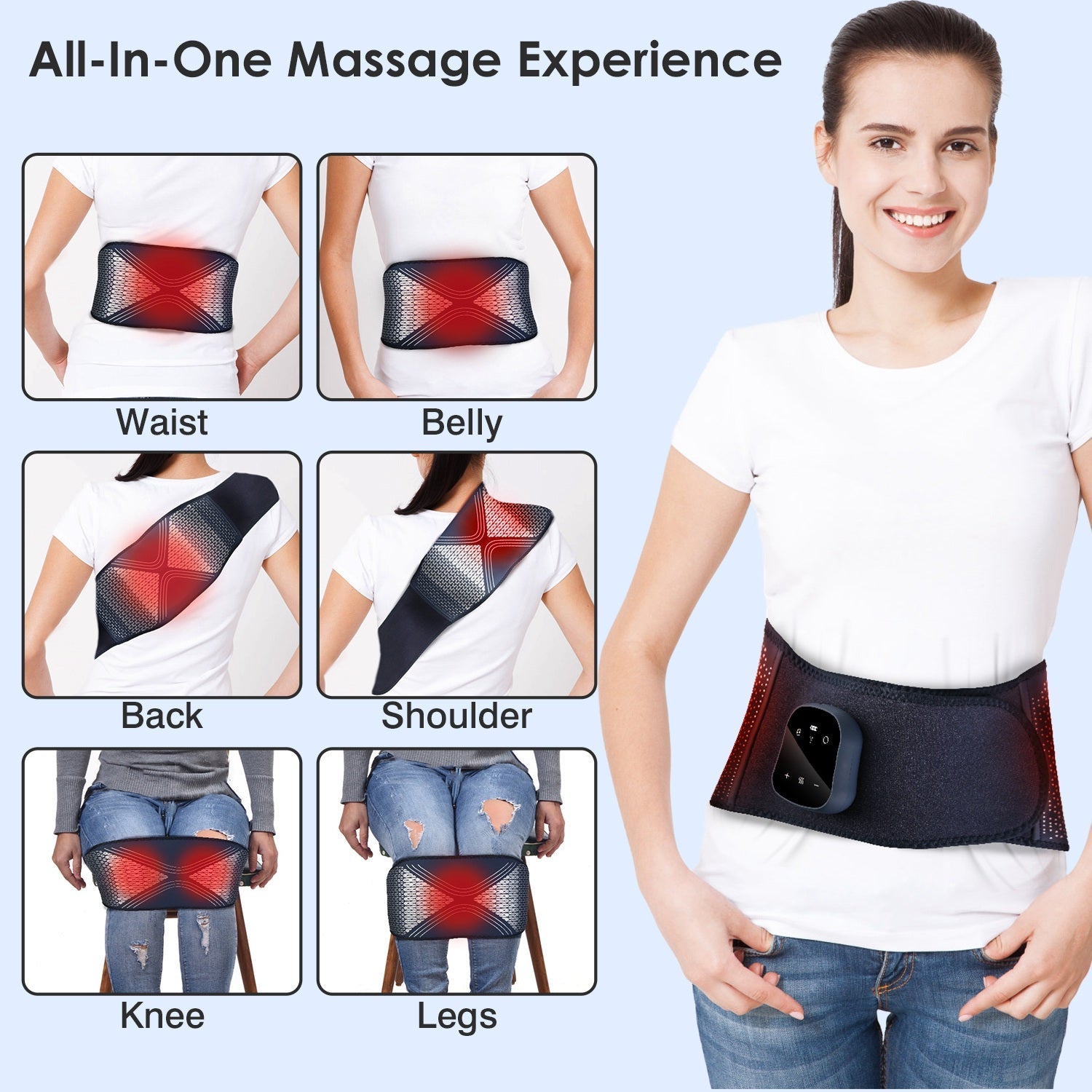 Lower back heating massage belt with controller; dark pad with blue crisscross panel design