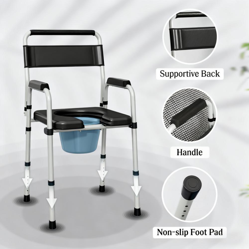 Adjustable commode chair with supportive back, non-slip foot pads, and blue bucket