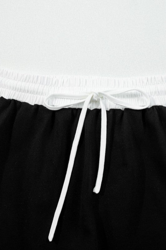 Black mini skirt with white drawstring tie elastic waistband