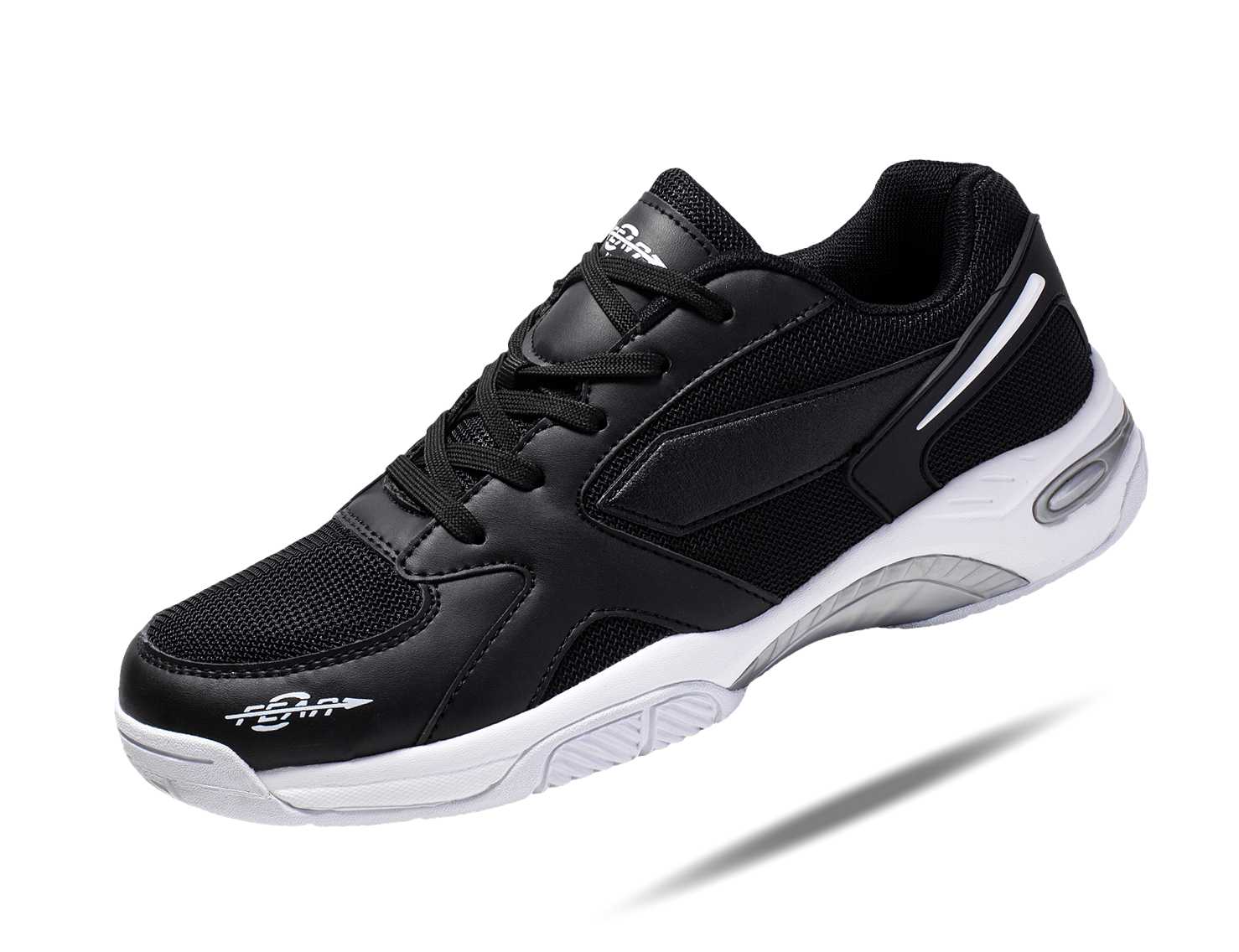 Men’s black lace-up walking shoe with mesh and synthetic panels, white midsole