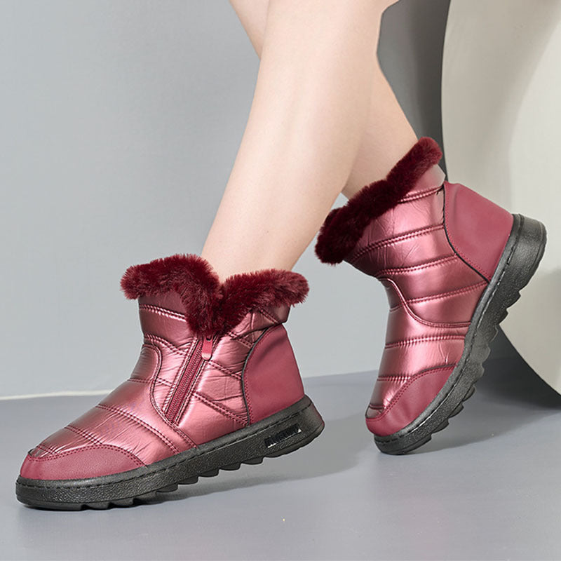 Winter snow boots, burgundy faux-leather with dark faux-fur cuff, side zipper, thick sole