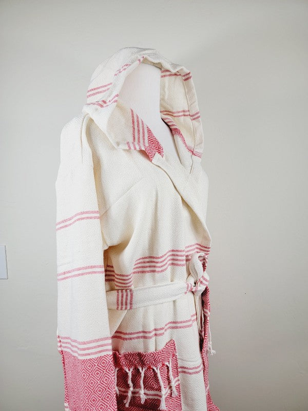 Unisex hooded robe, shoulder view, white with pink-red stripes and tie belt