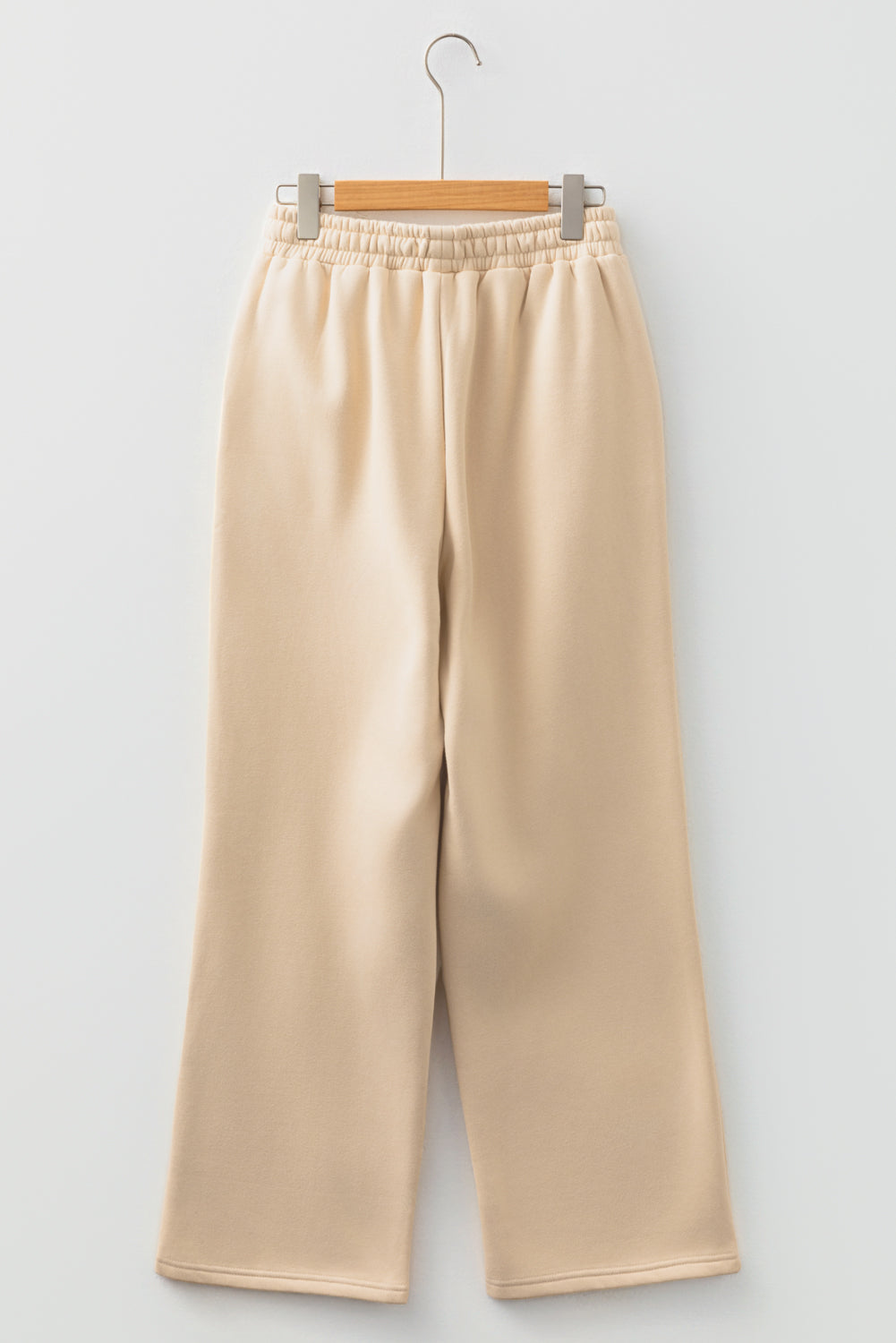 Oatmeal elastic waist solid pants, relaxed straight silhouette