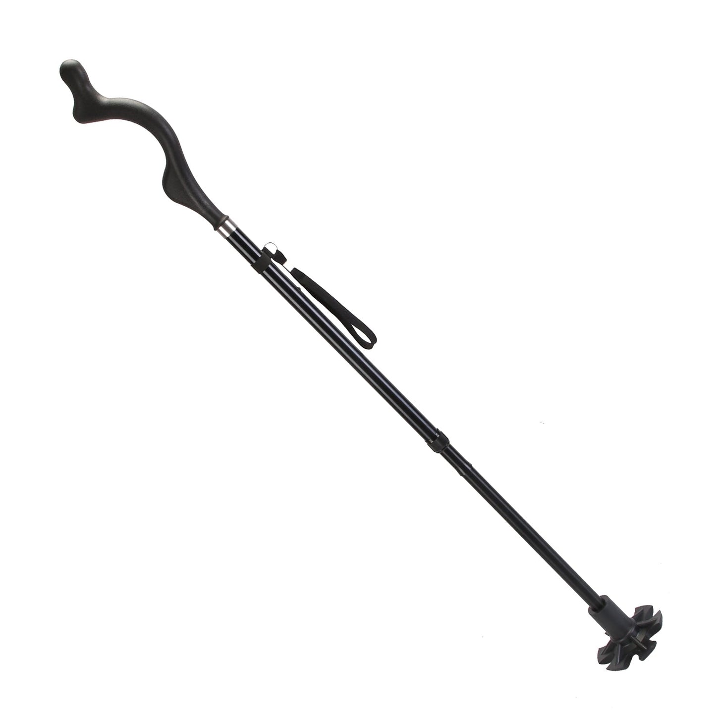 Black collapsible walking cane lying diagonally with curved ergonomic handle and base tip