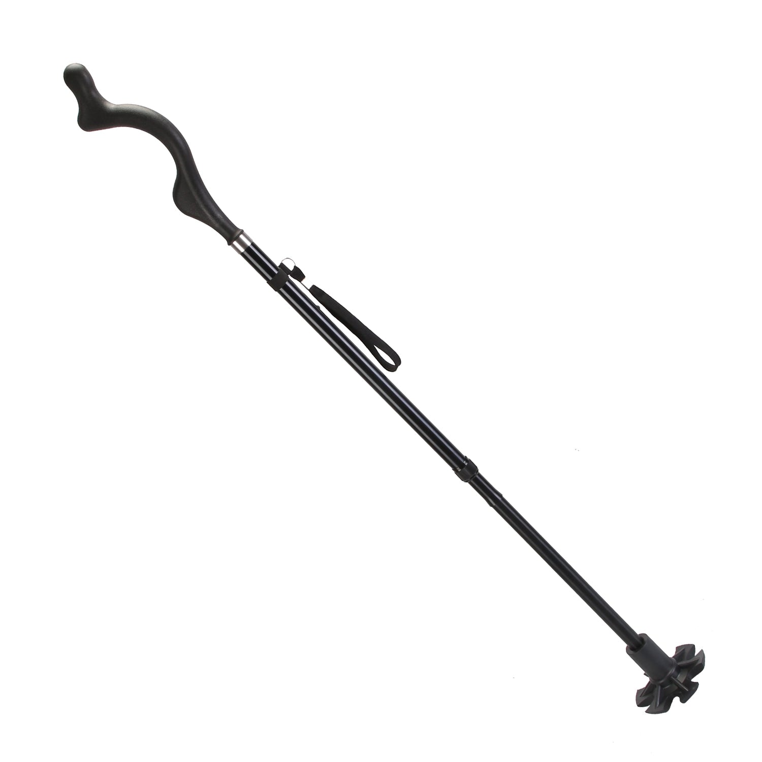 Black collapsible walking cane lying diagonally with curved ergonomic handle and base tip