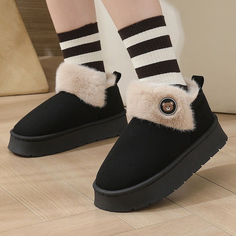 Black ankle wrap cotton slippers with cream plush cuff and bear button