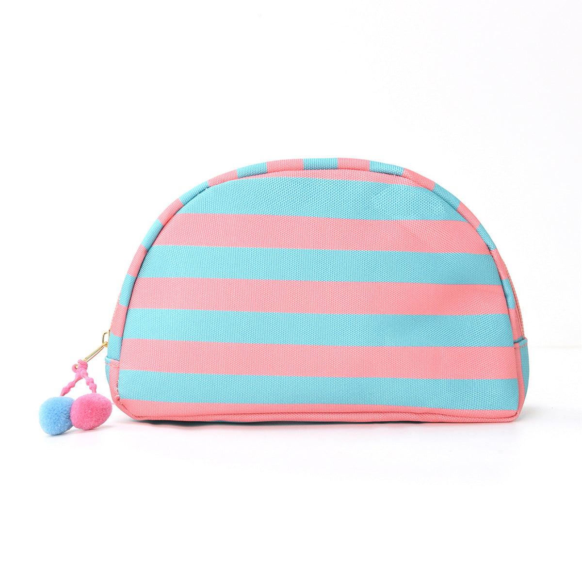 Striped shell-shaped makeup bag in turquoise and pink with zipper and pom-pom charm