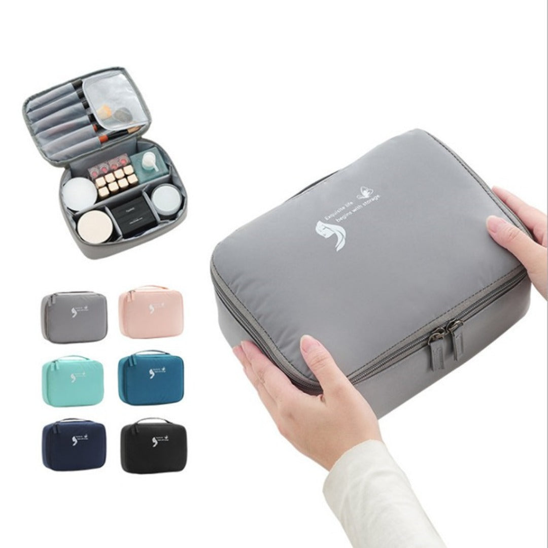 Gray square waterproof cosmetic bag with zipper, top carry handle, white logo