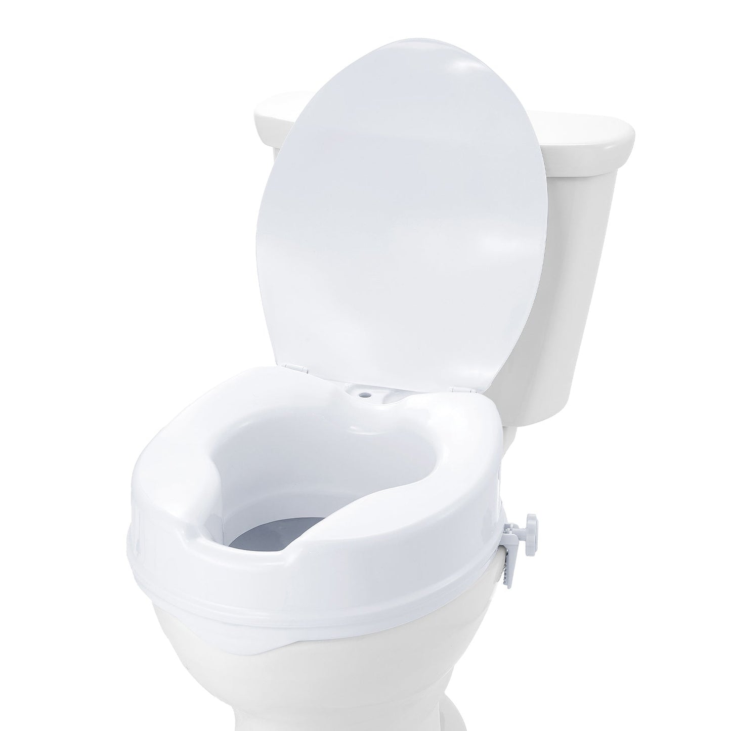 Raised white toilet seat with tall backrest and contoured seat surface