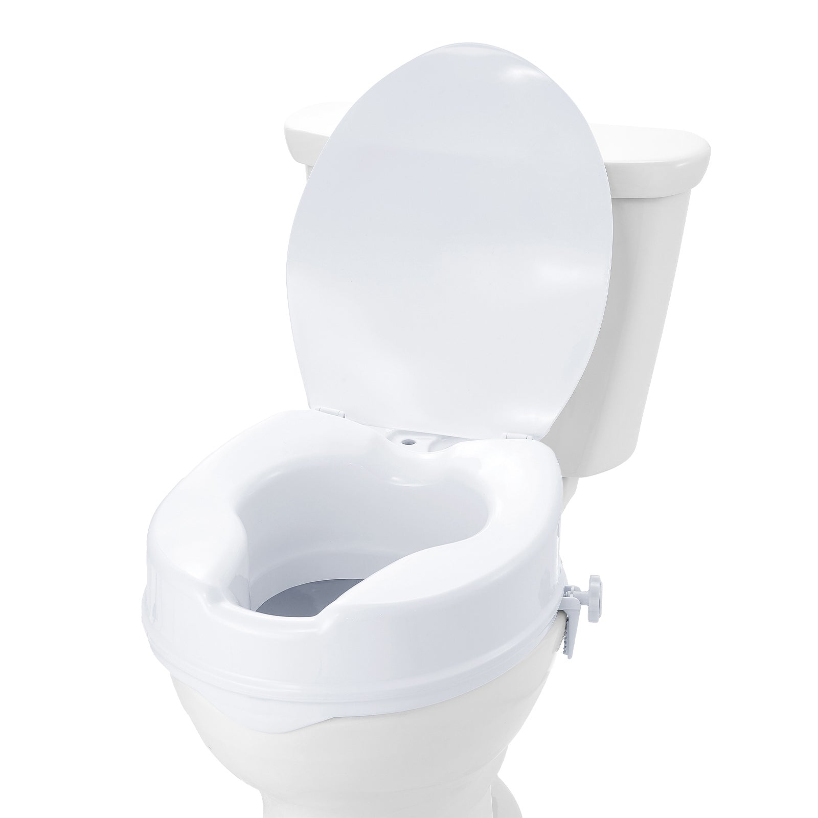 Raised white toilet seat with tall backrest and contoured seat surface