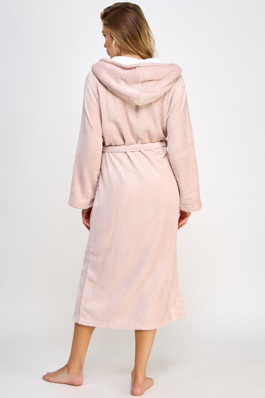 Pink hooded robe with belted waist and long sleeves; hooded back view