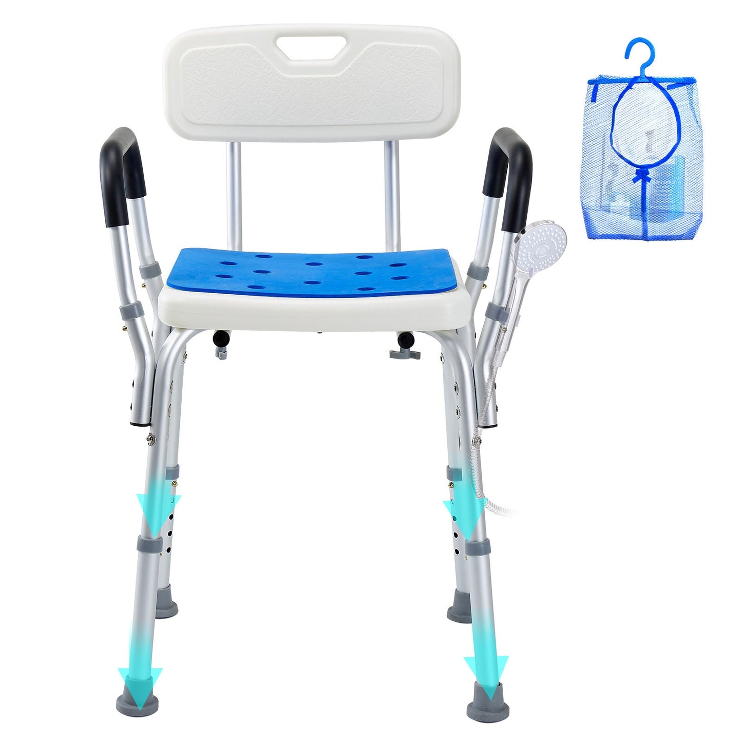 Adjustable shower chair with blue seat and backrest, accompanied by a blue bag on a white background.