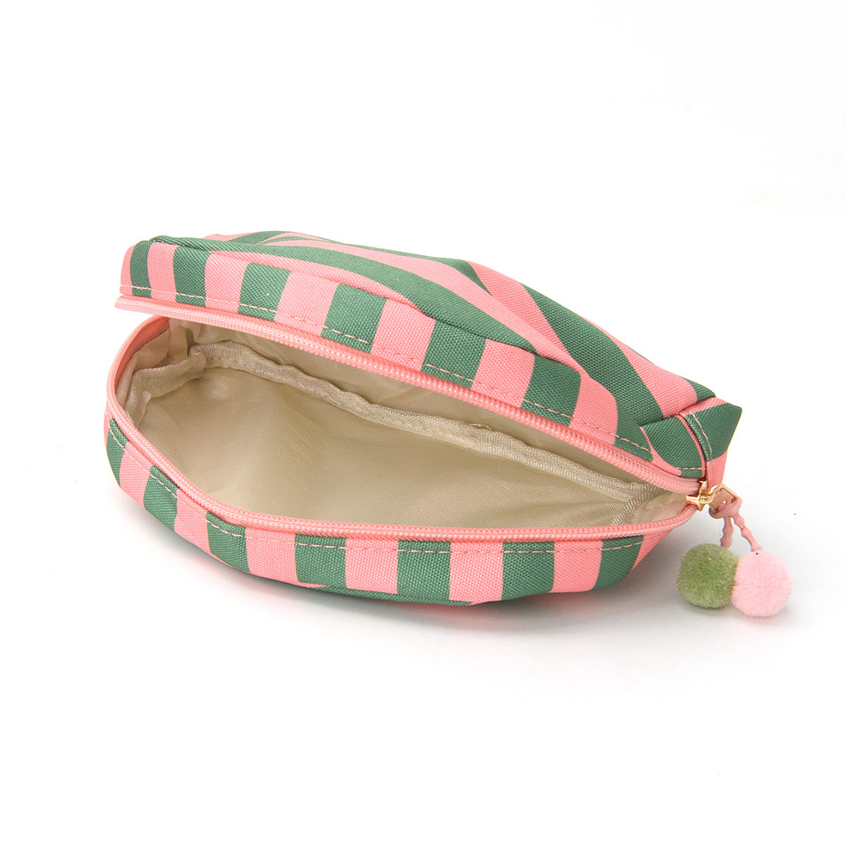 Striped shell makeup bag, green and pink horizontal stripes, open with beige interior.