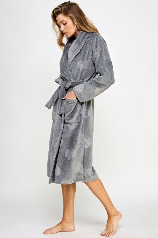 Slate gray heart-print robe with belt tie and front pockets, three-quarter view