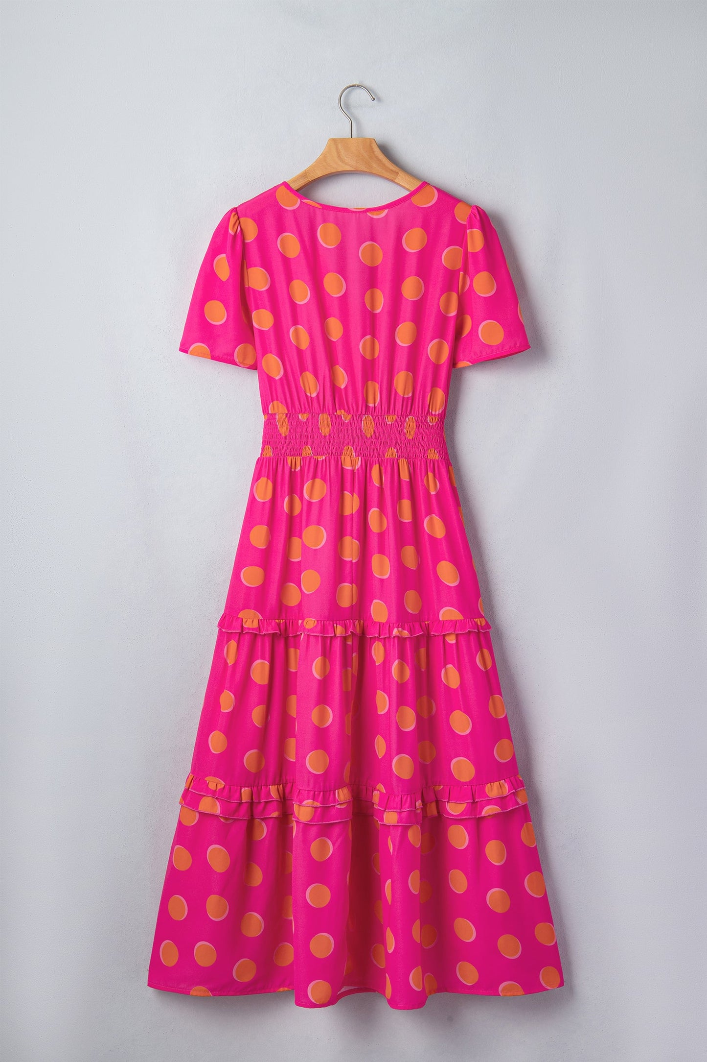 Rose high-waist tiered midi dress with yellow dot print, round back neckline, short sleeves