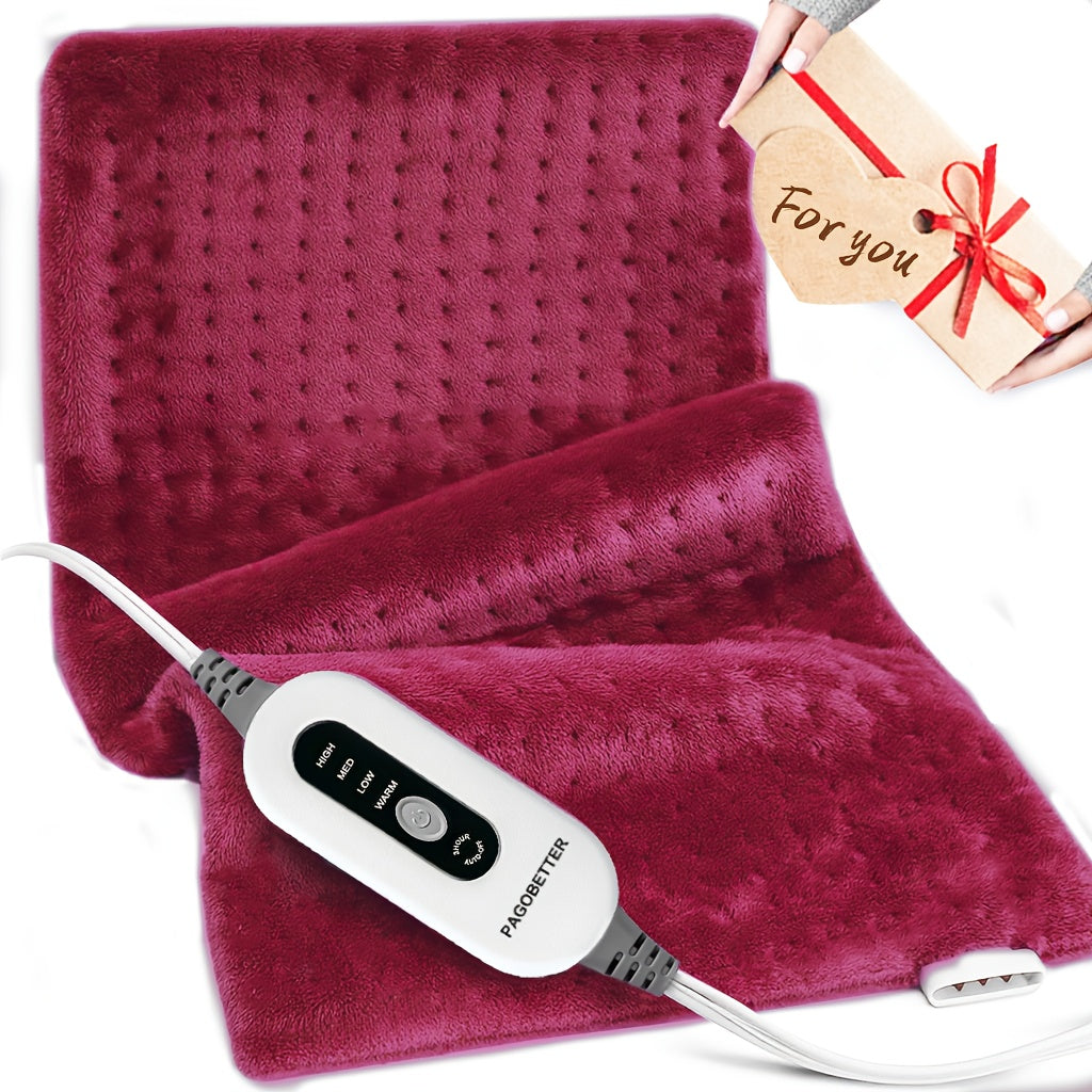 Burgundy electric heating pad with controller and cable, plush wrap with raised dots