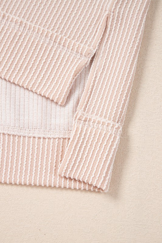 Skirt hem ruffle and sleeve cuff, blush pink striped fabric