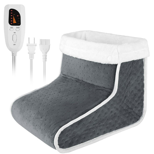 Gray electric heated foot warmer with white faux-fur trim and controller