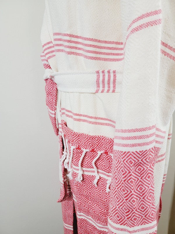 Unisex robe with striped red pattern, tie belt and front pocket detail