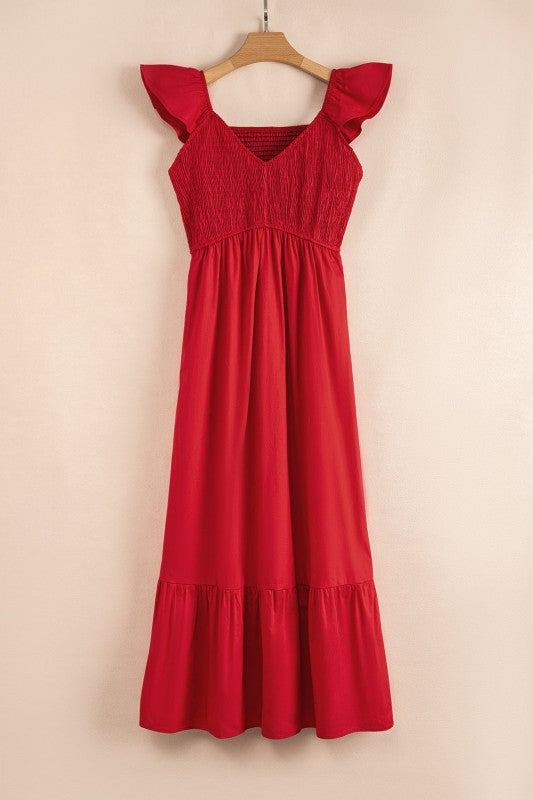 Fiery red flutter-sleeve maxi dress with smocked bodice and ruffled hem