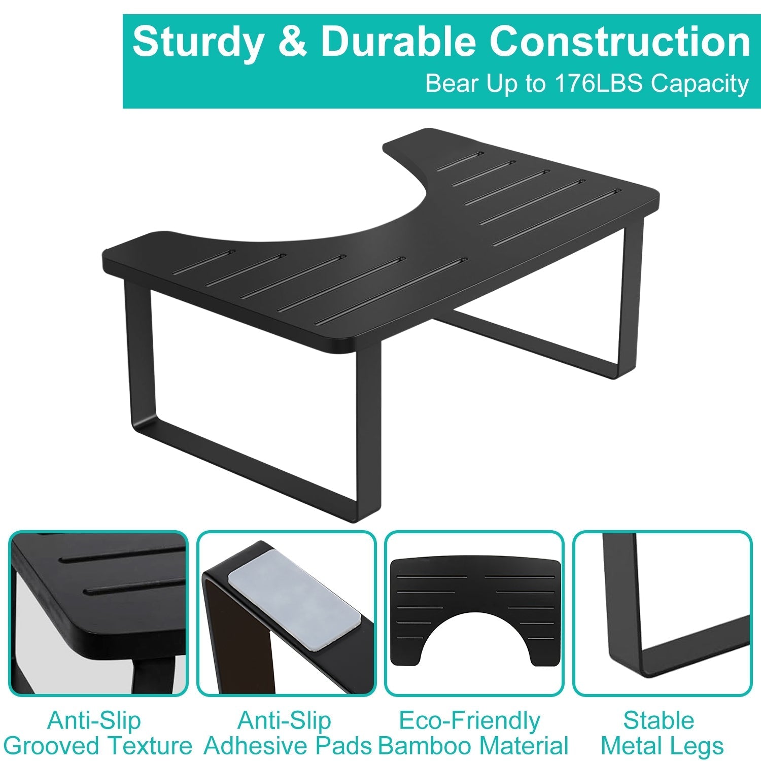 Black outdoor furniture piece with text highlighting durability and features on a white background