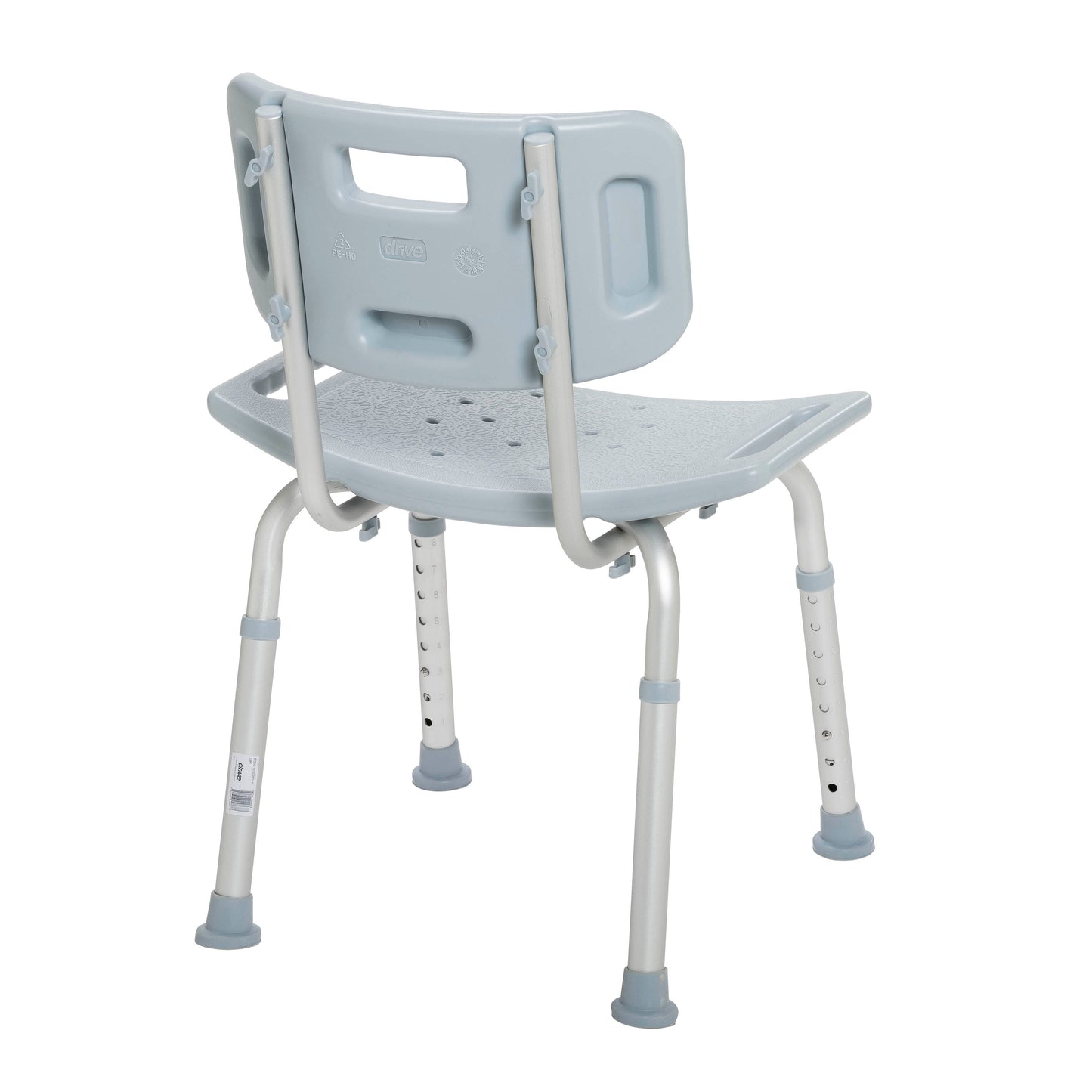 Gray shower tub bench with back, side view of textured seat and support rails