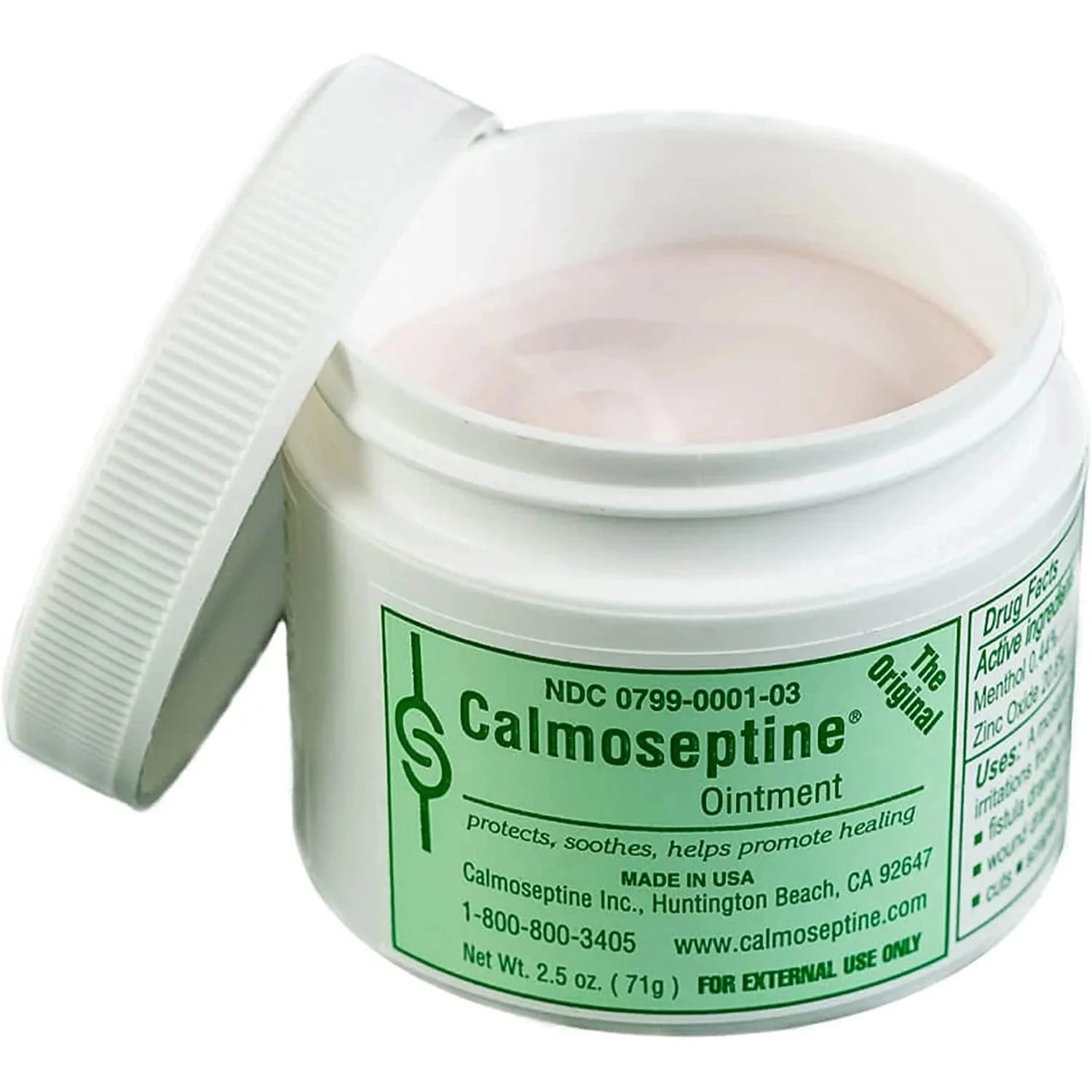 Calmoseptine 2.5 oz ointment jar with white screw cap, original formula