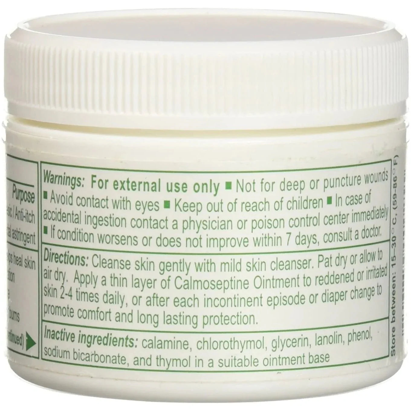 Calmoseptine ointment jar back label with directions and warnings for external use