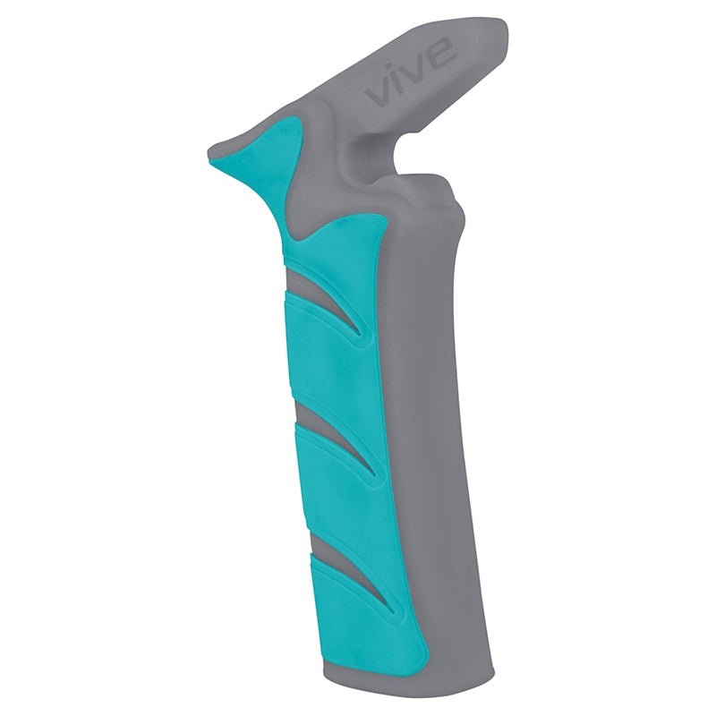 Teal and gray car door assist handle with angled grip