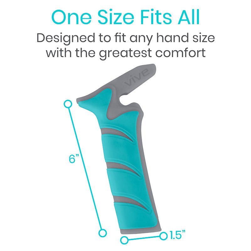 Teal and gray car assist handle with size markings