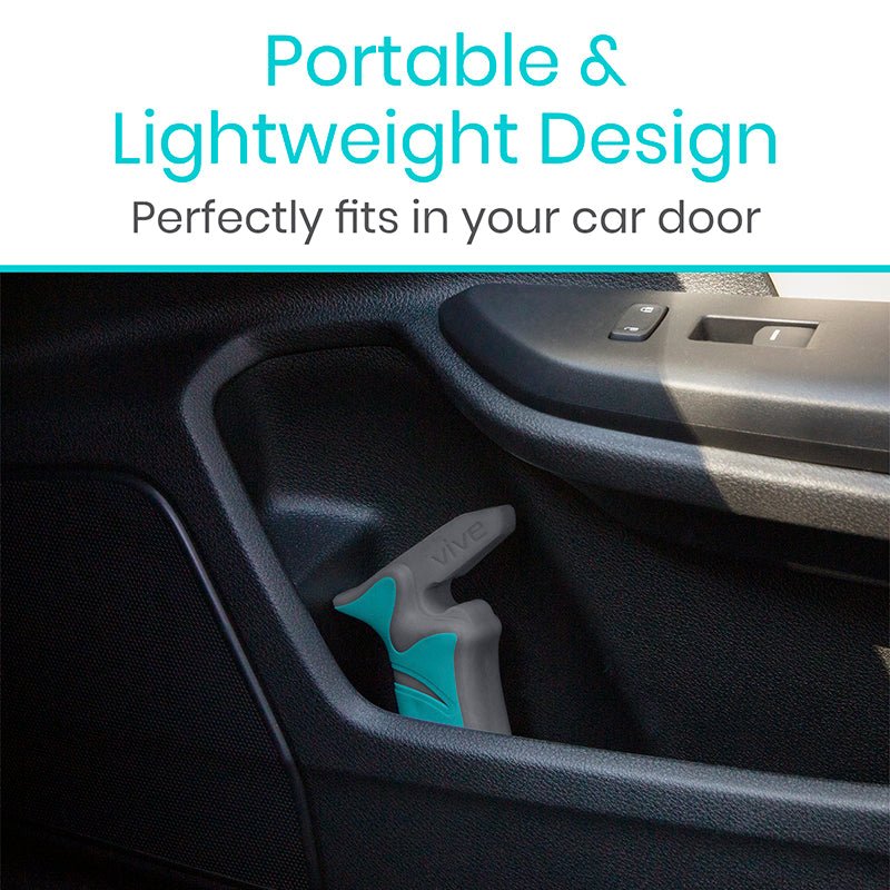 Teal and gray car assist handle in car door latch opening
