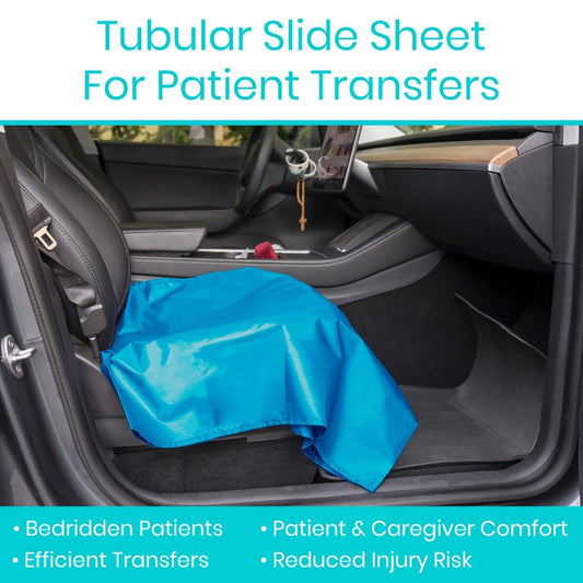 Blue car transfer slide sheet for patient transfers, laid across car seat