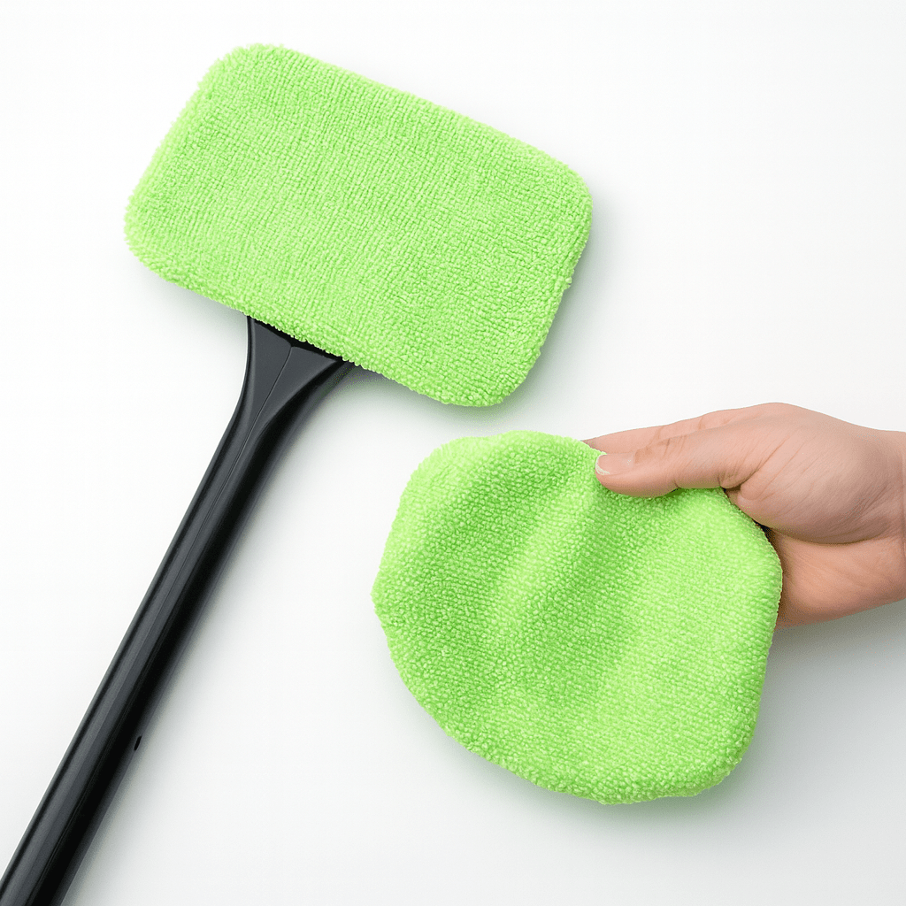 Light green car window cleaning brush with soft microfiber pad and black handle