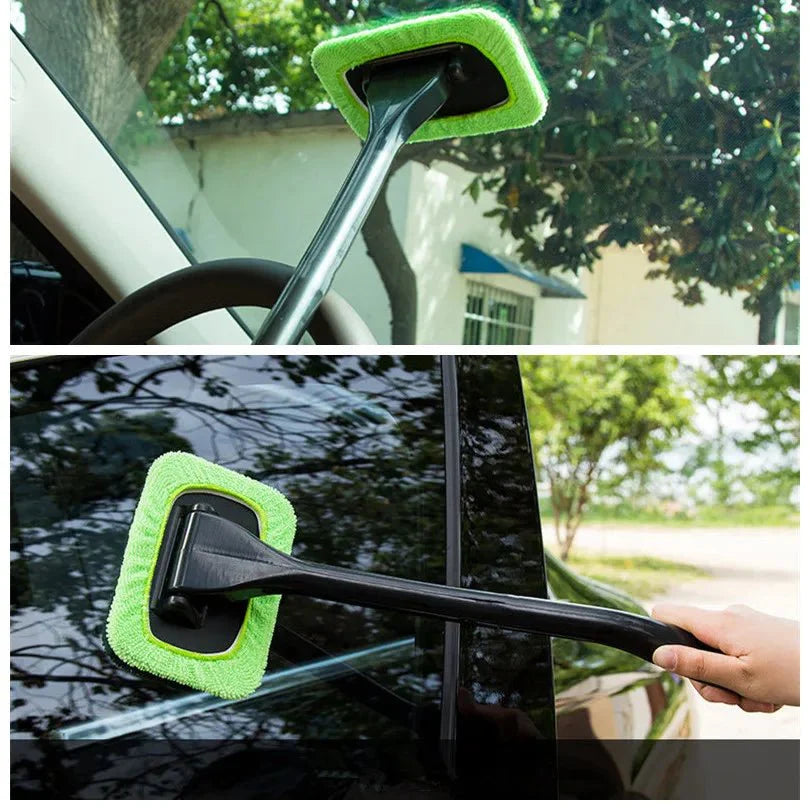 Car window cleaning brush with green microfiber pad and black squeegee-style head