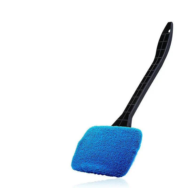 Car window cleaning brush with blue microfiber pad and black grid scraper edge