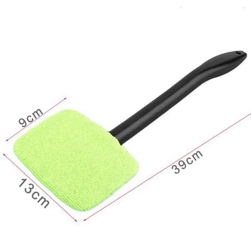 Green car window cleaning brush with black pole; length shown with measurement marks