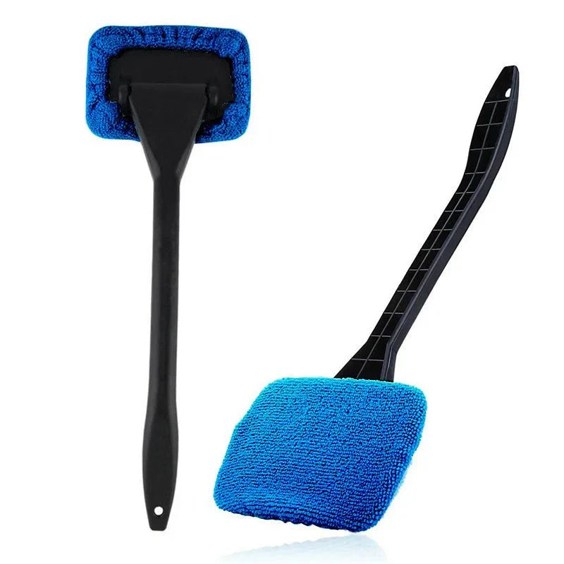 Blue microfiber car window cleaning brush head on a black handle and pole