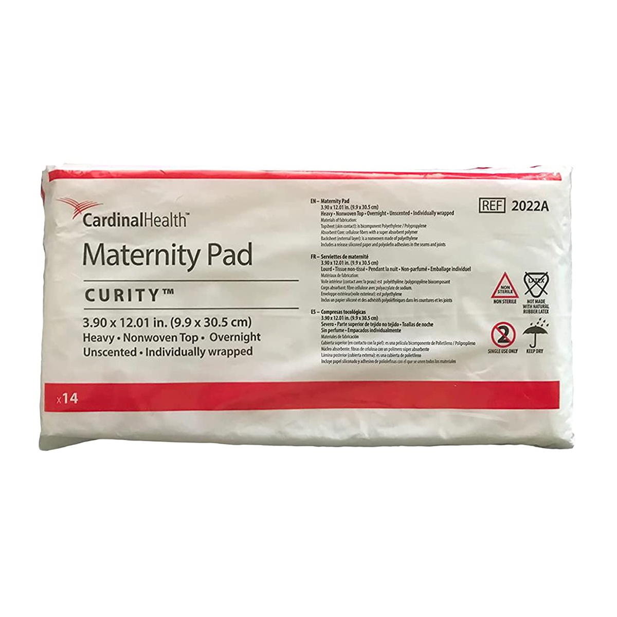 Curity maternity pad package with icons; heavy nonwoven top, x14